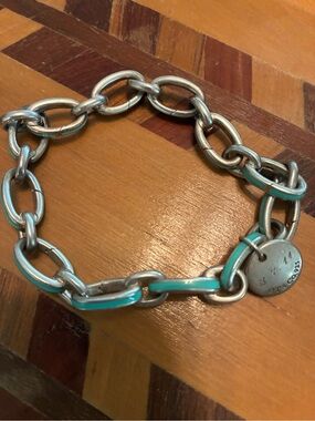 Authentic Tiffany silver and blue enamel chain link bracelet with engraved charm